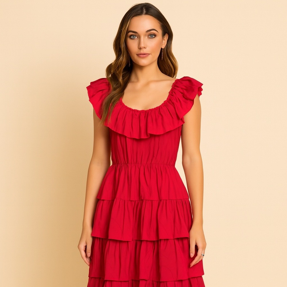 VTG‎ Candi Jones California Red Ruffle Tiered Dress Romantic Prairie Peasant XS